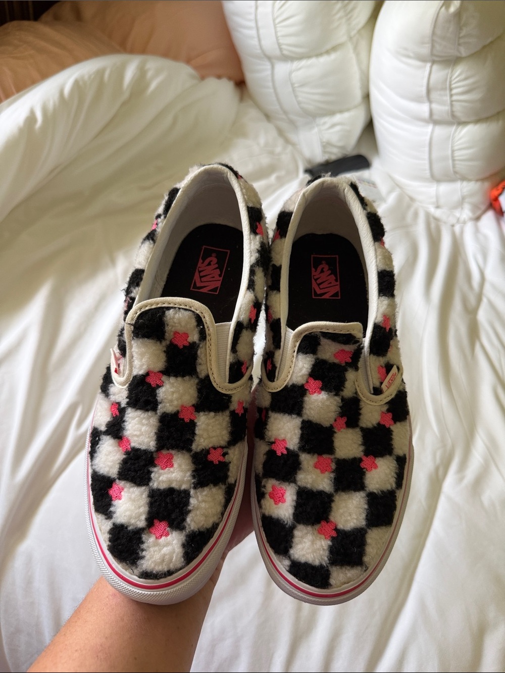 Vans Women’s - Checkerboard Faux Fur Slip-On - Juniors size 7